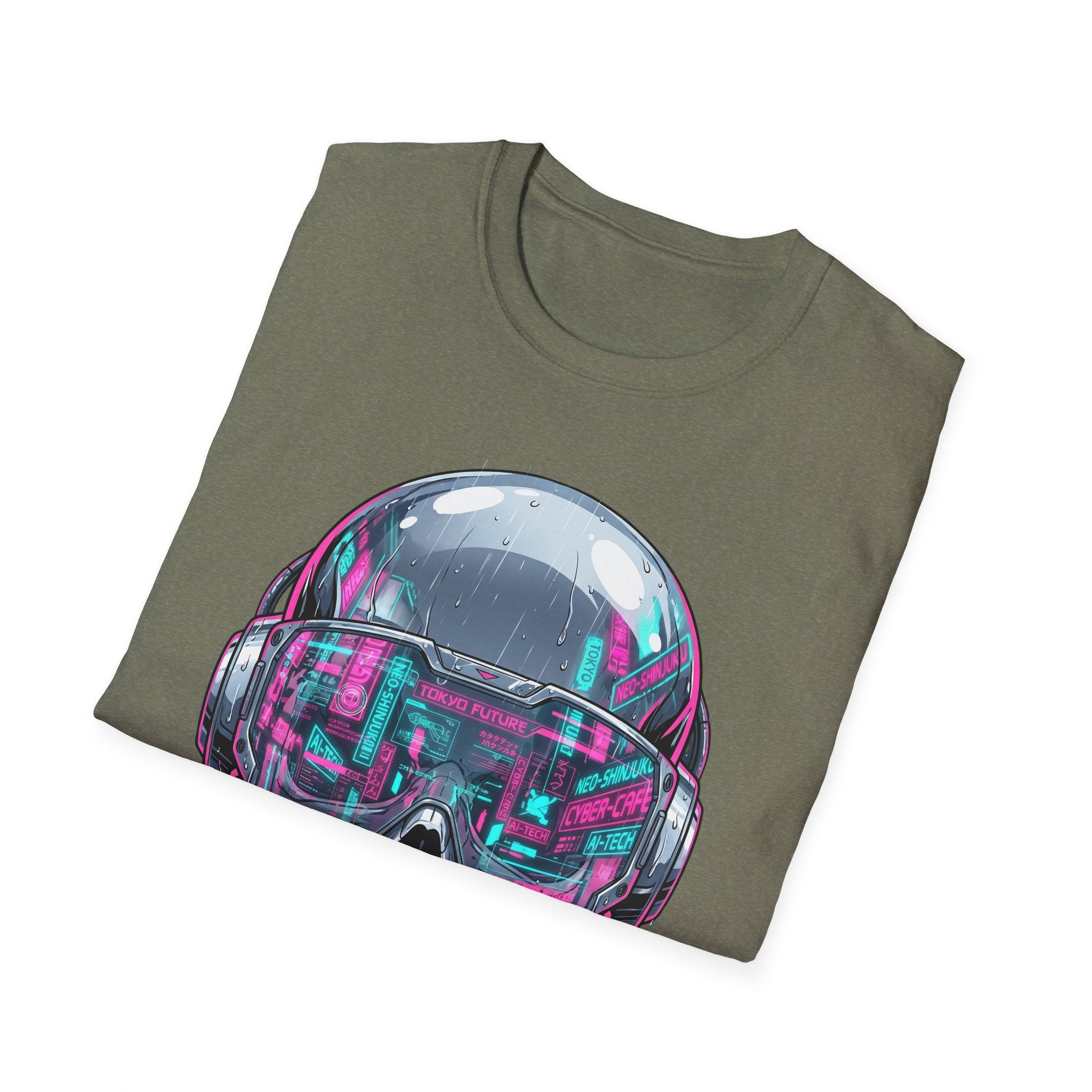 Military green cyberpunk skull visor T-shirt with neon chest graphic