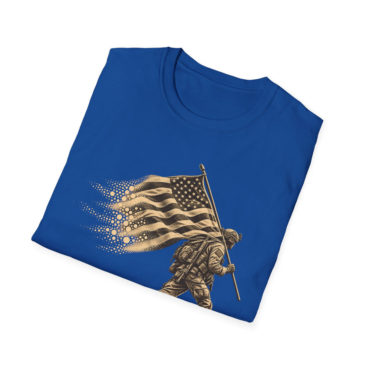 Royal blue crewneck T-shirt with soldier holding flag graphic on front
