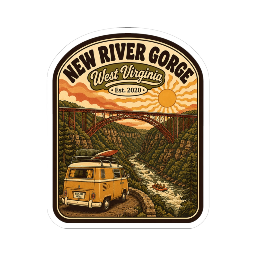 Rounded kiss-cut sticker with New River Gorge logo, yellow camper van, and bridge
