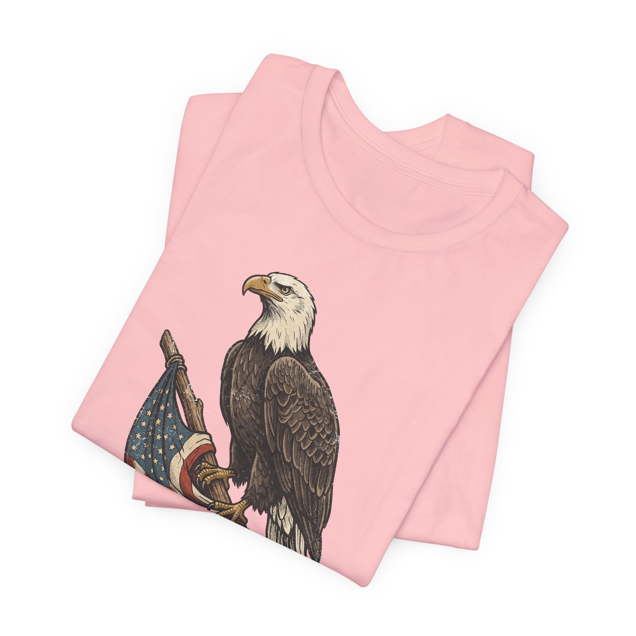 Light pink T-shirt with eagle and stars flag graphic, crew neck, short sleeves