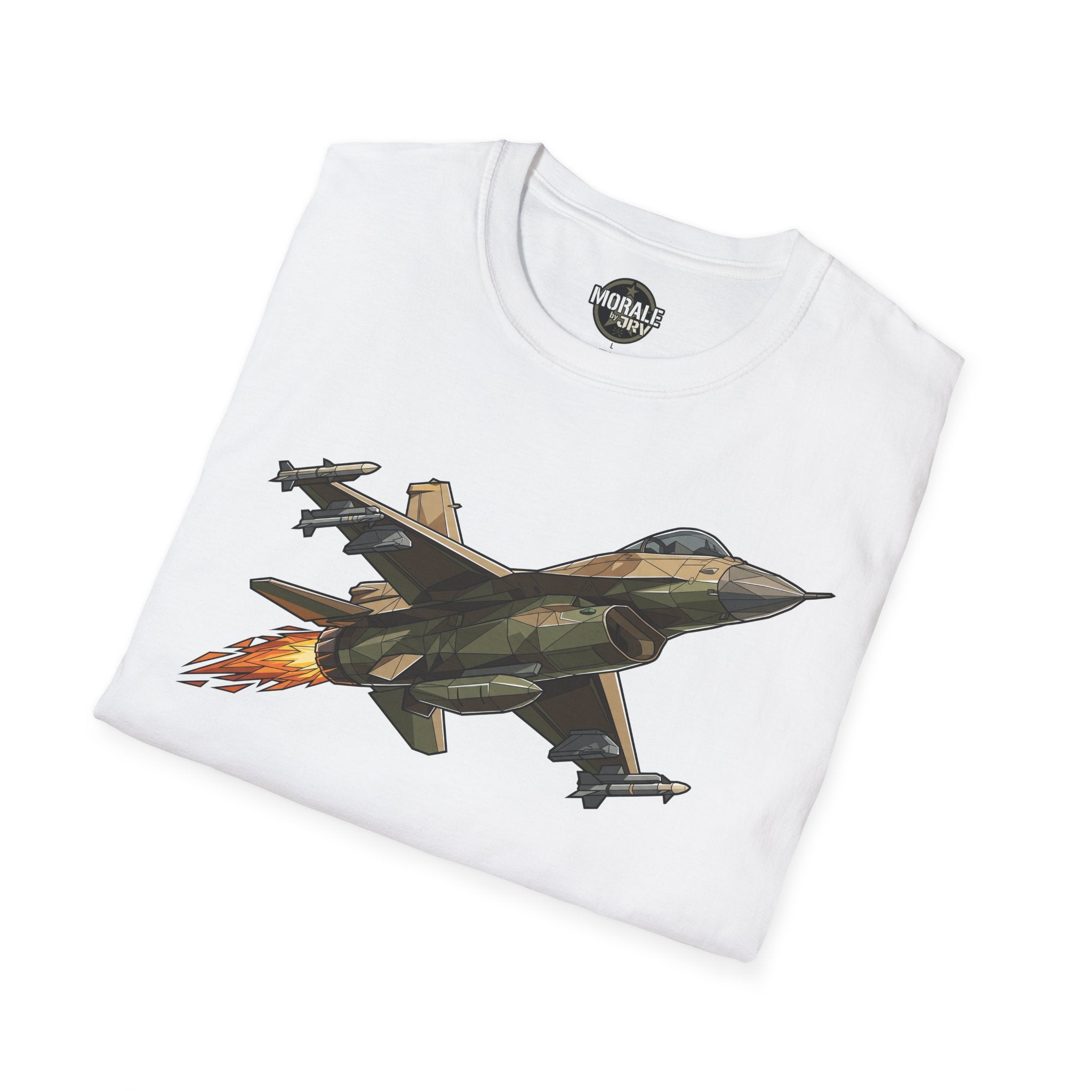 White fighter jet T-shirt with camouflage aircraft graphic and orange flame accents
