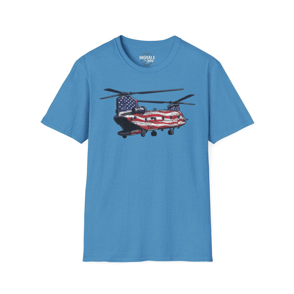 American Flag CH-47 Chinook T-shirt in bright blue with red, white and blue helicopter graphic