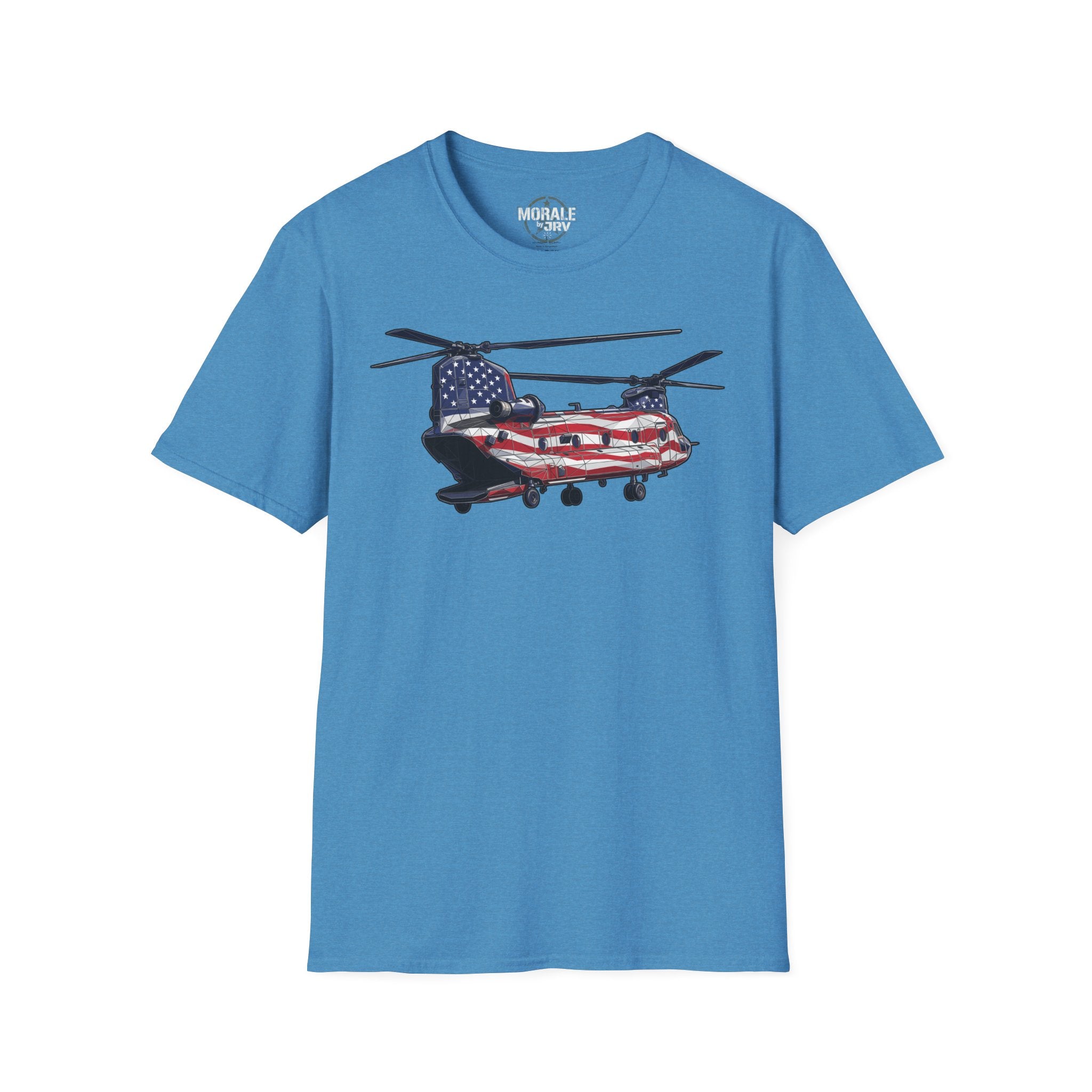 American Flag CH-47 Chinook T-shirt in bright blue with red, white and blue helicopter graphic
