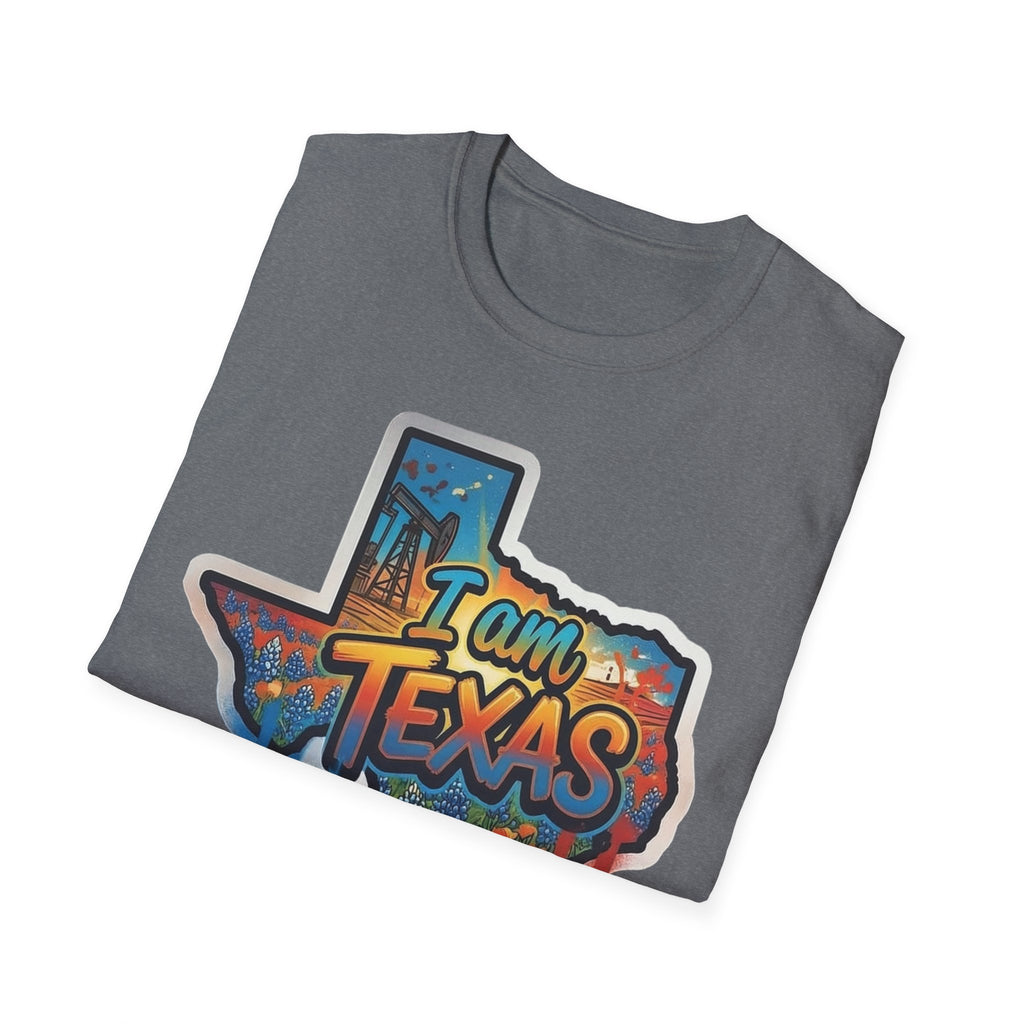 Dark heather gray T-shirt with I am Texas graffiti-style graphic