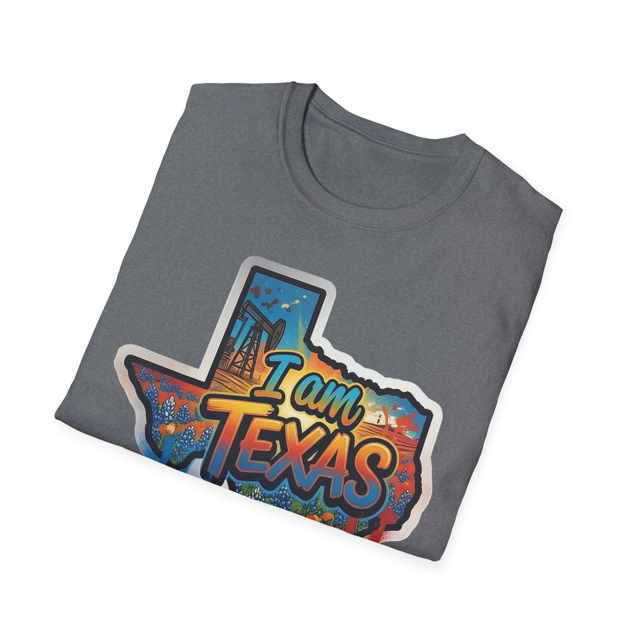 Dark heather gray T-shirt with I am Texas graffiti-style graphic