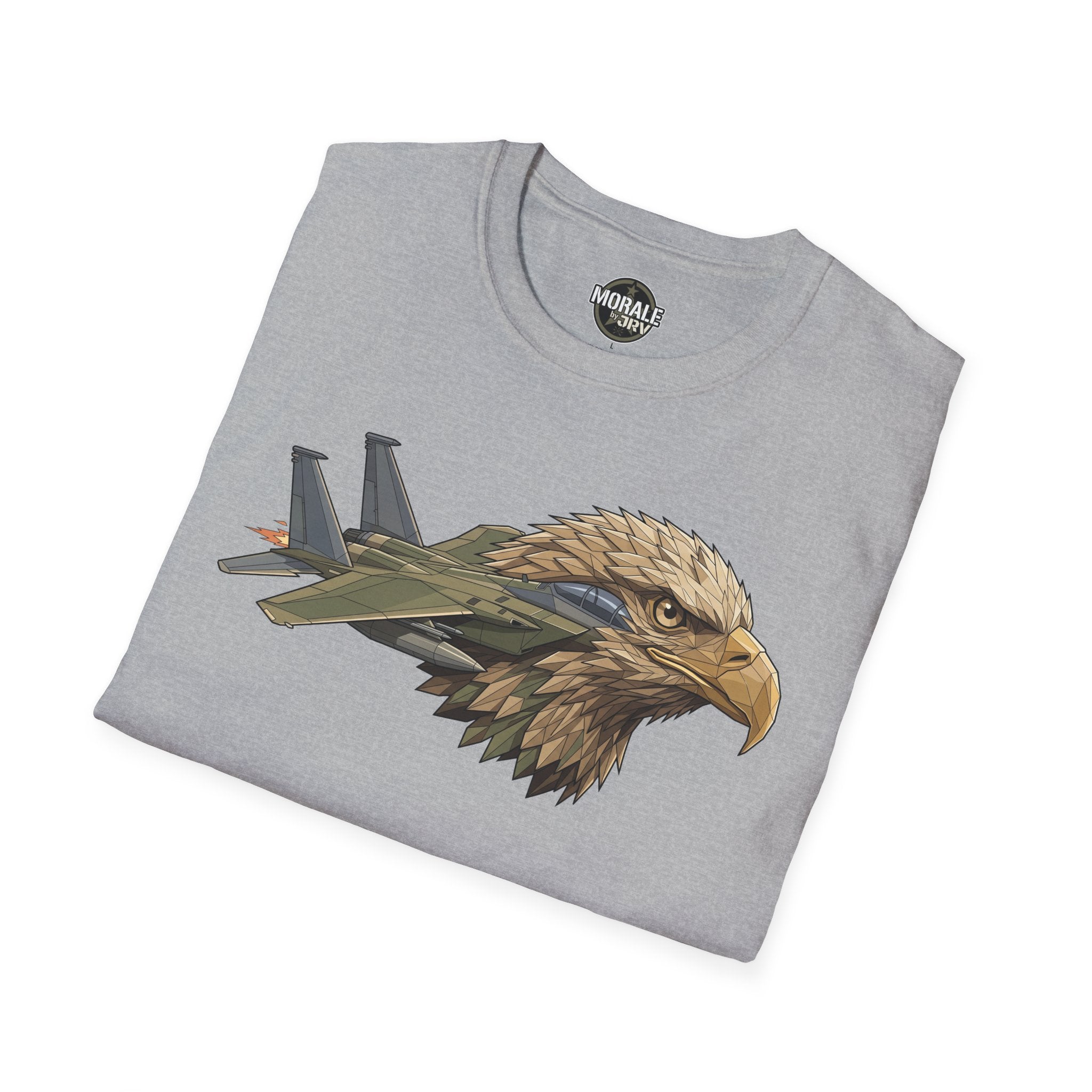 Heather gray T-shirt with eagle head and fighter jets graphic on front