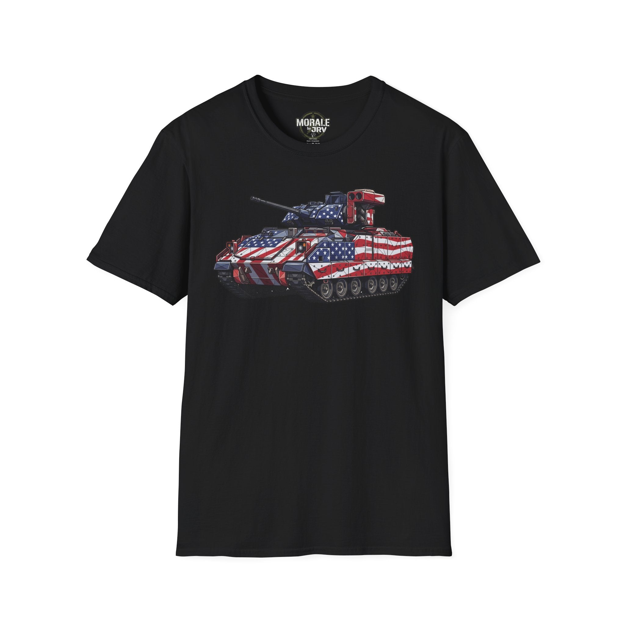 Black T-shirt with American-flag military tank graphic on the chest