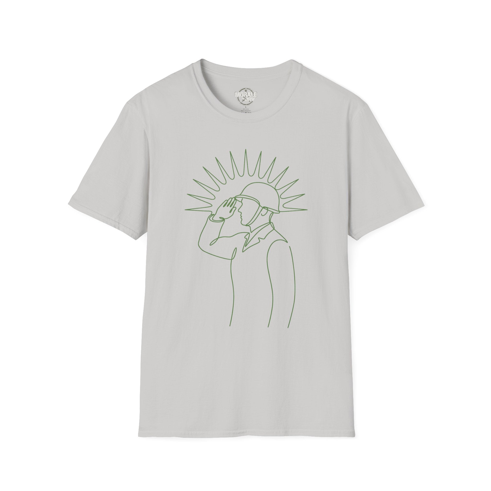 Light grey T-shirt with minimal single-line man looking up graphic, green print