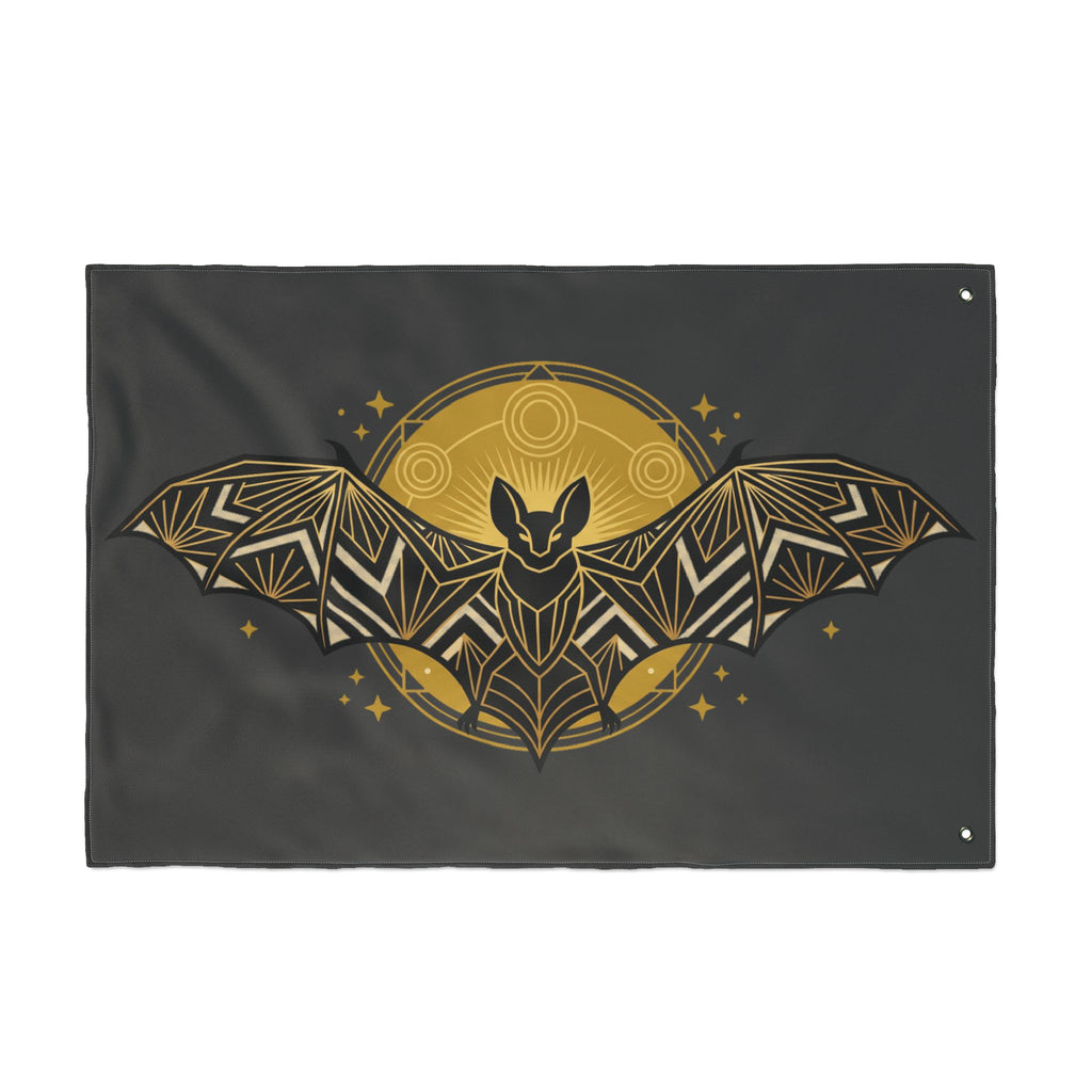 Rectangular bat banner flag with side grommets; dark fabric with gold art deco bat moon
