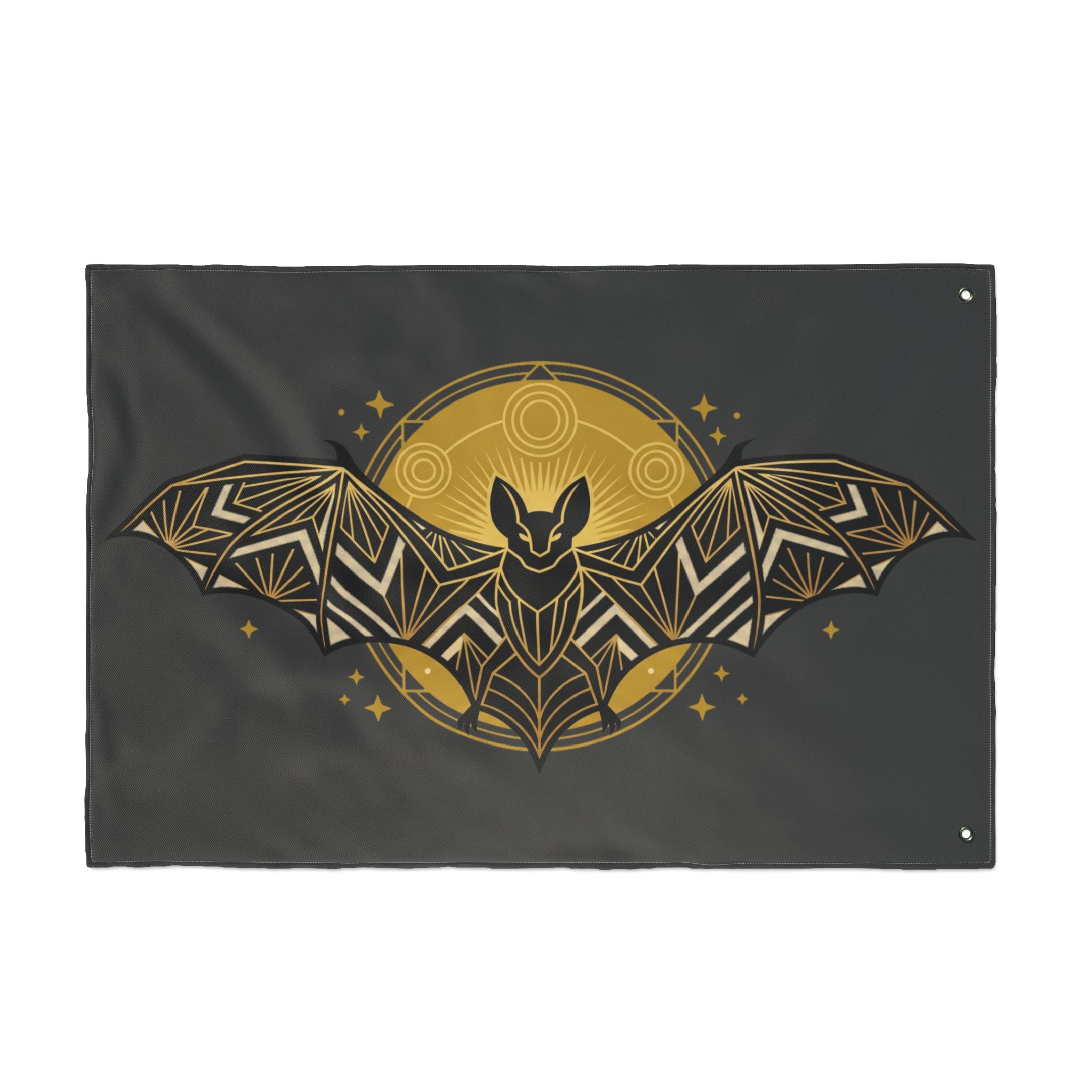 Rectangular bat banner flag with side grommets; dark fabric with gold art deco bat moon