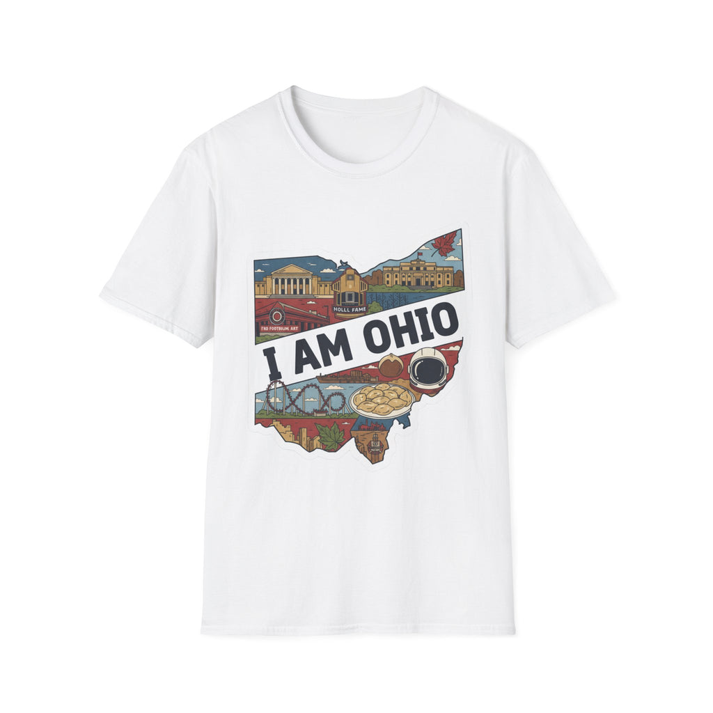 White I Am Ohio T-shirt with Ohio map graphic and landmark-food collage