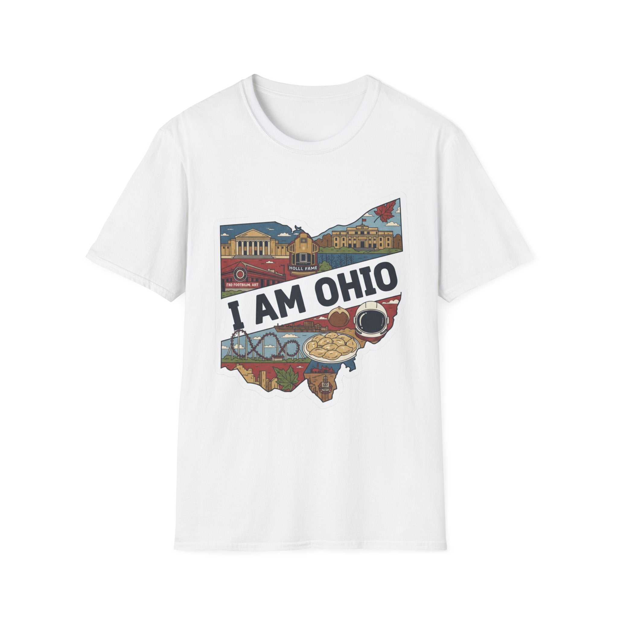 White I Am Ohio T-shirt with Ohio map graphic and landmark-food collage