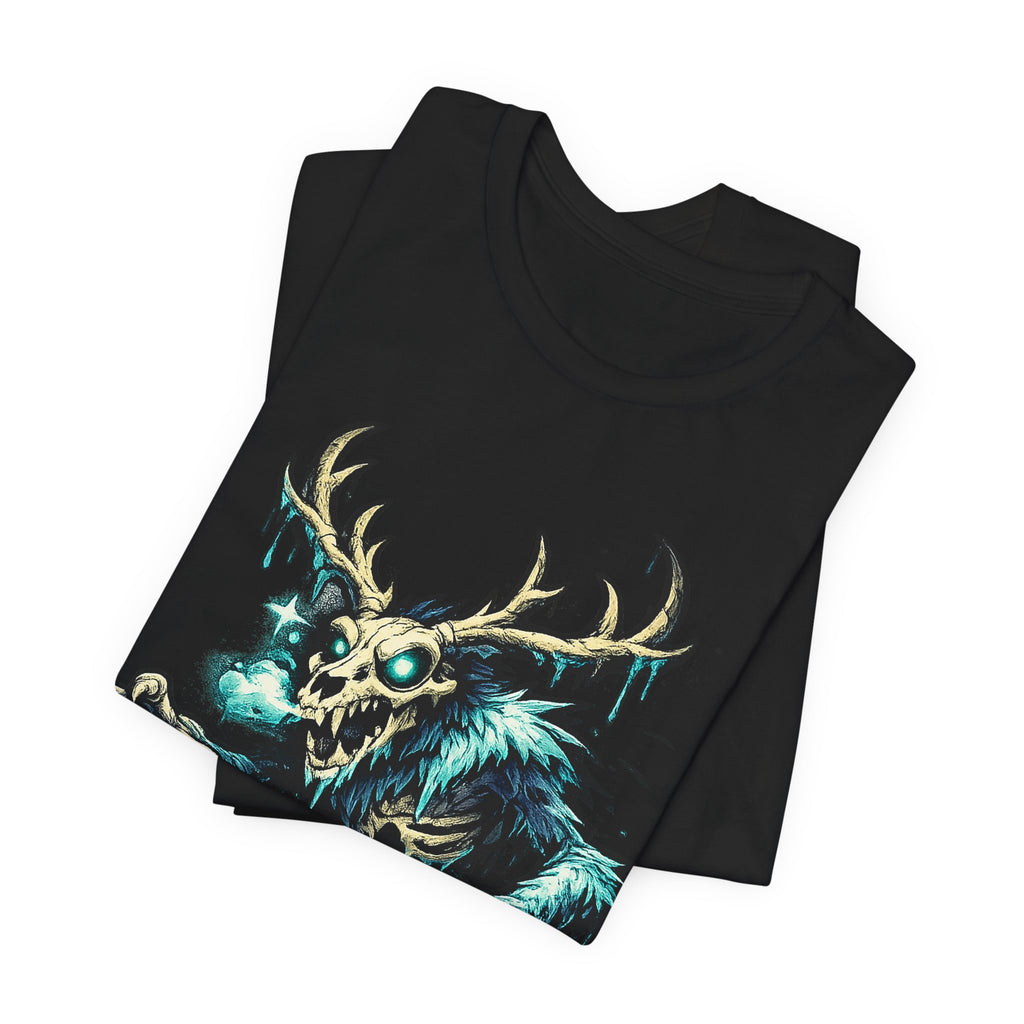 Black crewneck t-shirt with teal glow deer skull monster front graphic, folded