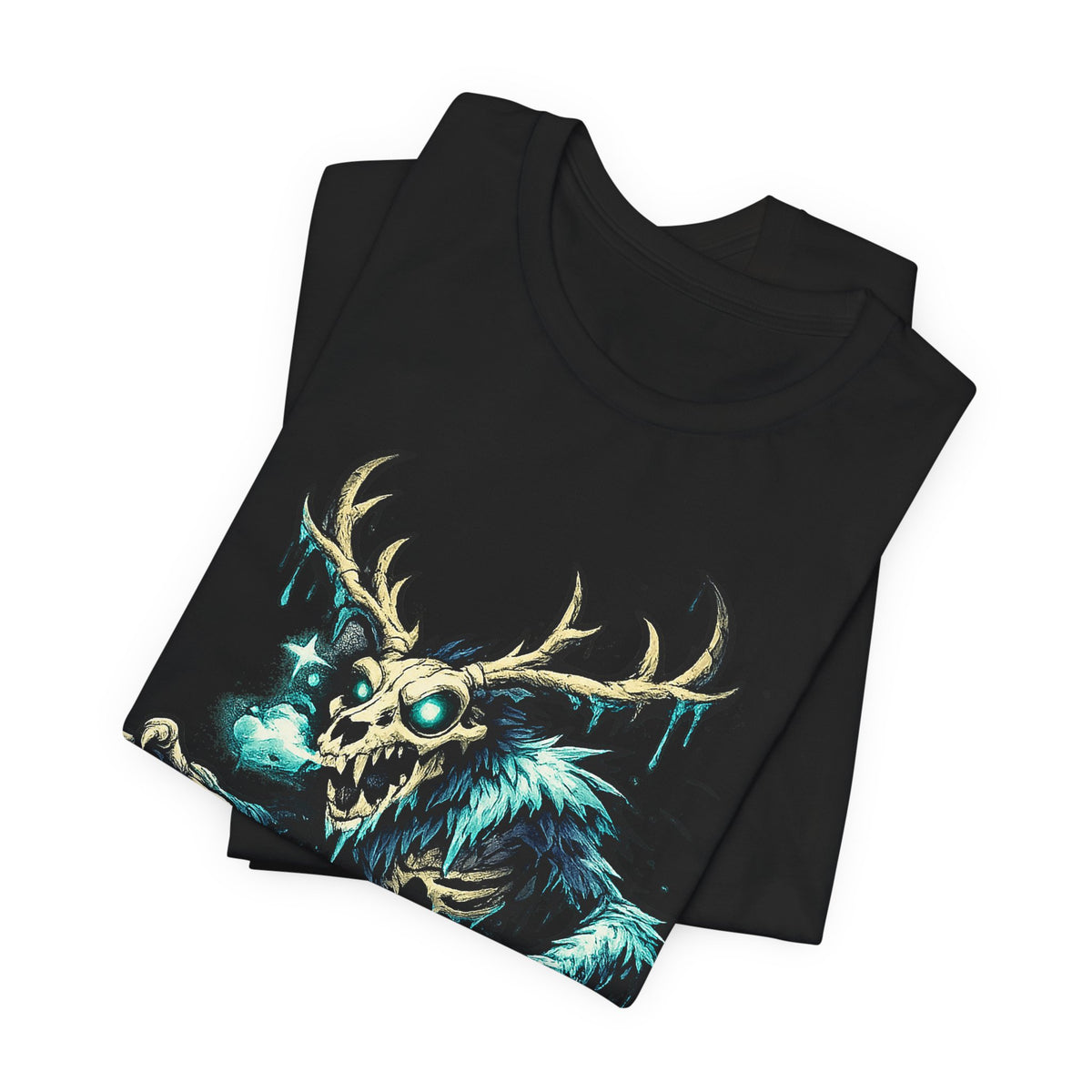 Black crewneck t-shirt with teal glow deer skull monster front graphic, folded