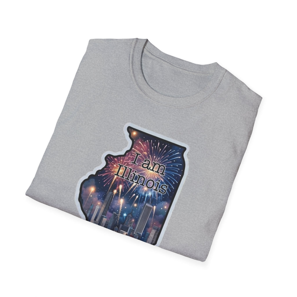 Sport Grey T-Shirt mit Illinois-Outline und Feuerwerk-Grafik, Schriftzug „I am Illinois“