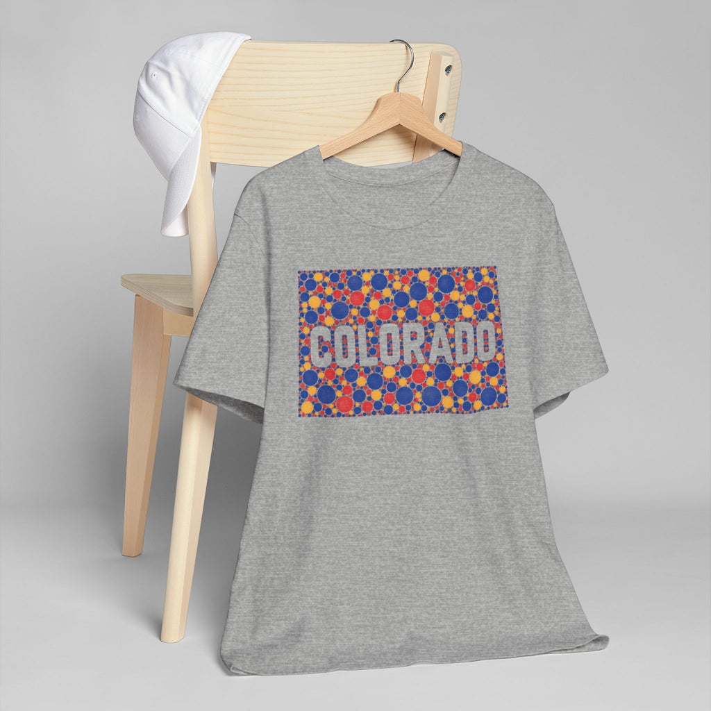 Heather gray Colorado graphic t-shirt with multicolor patterned rectangle and Colorado lettering