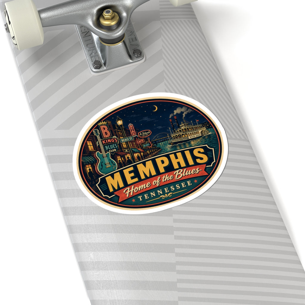 Round Memphis “Home of the Blues” Tennessee luggage tag sticker on a striped tag