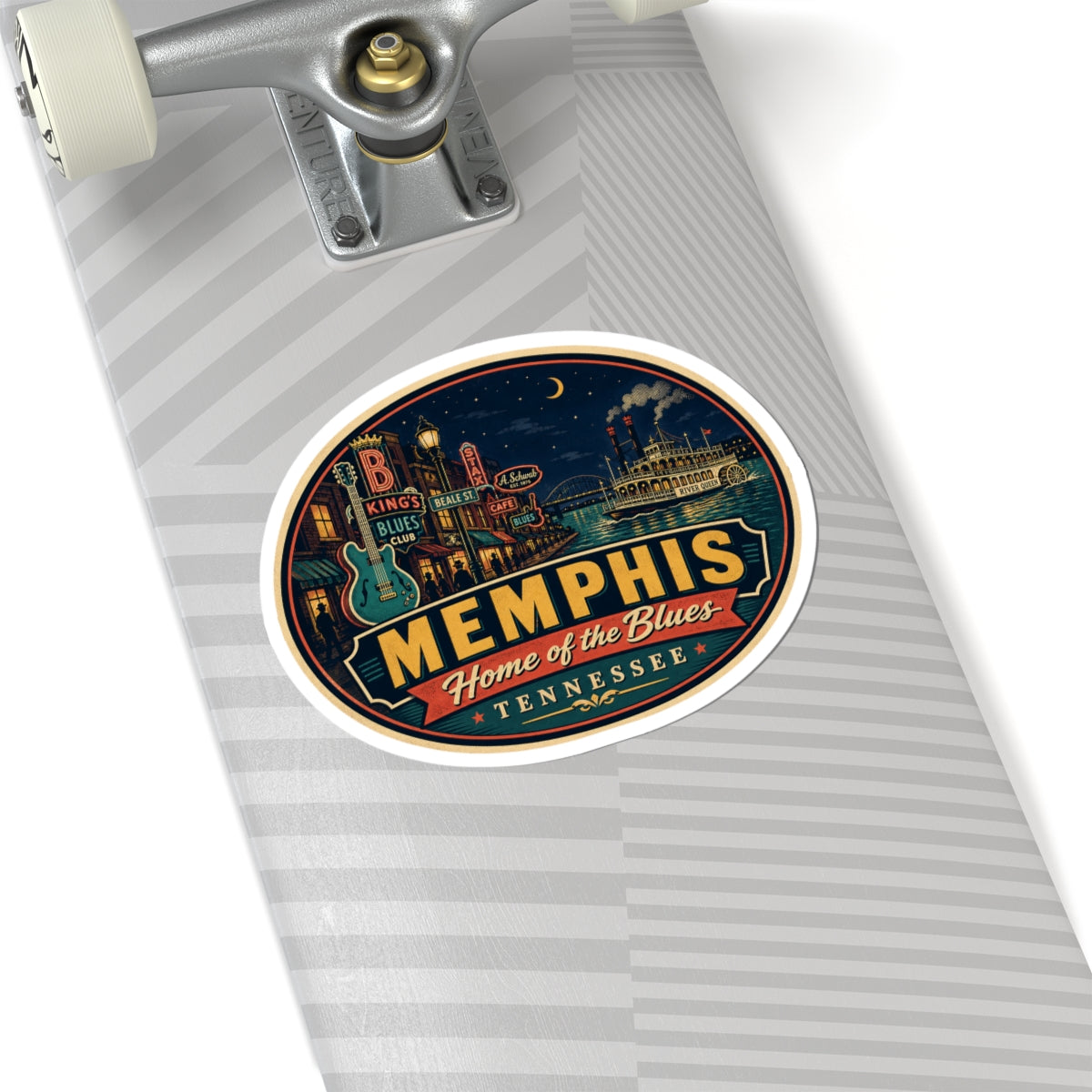 Round Memphis “Home of the Blues” Tennessee luggage tag sticker on a striped tag