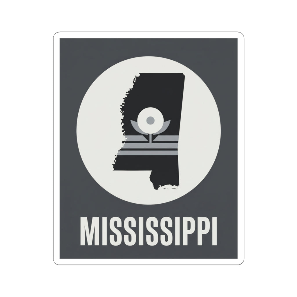 Mississippi silhouette kiss-cut sticker with circular emblem and “MISSISSIPPI” text