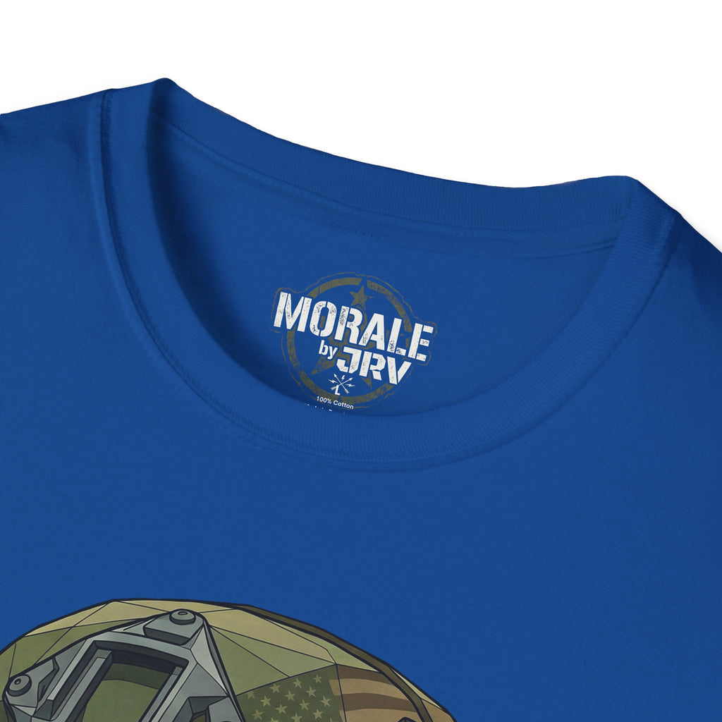 Skull in military helmet T-shirt, royal blue—MORALE by TRV neck print and helmet top