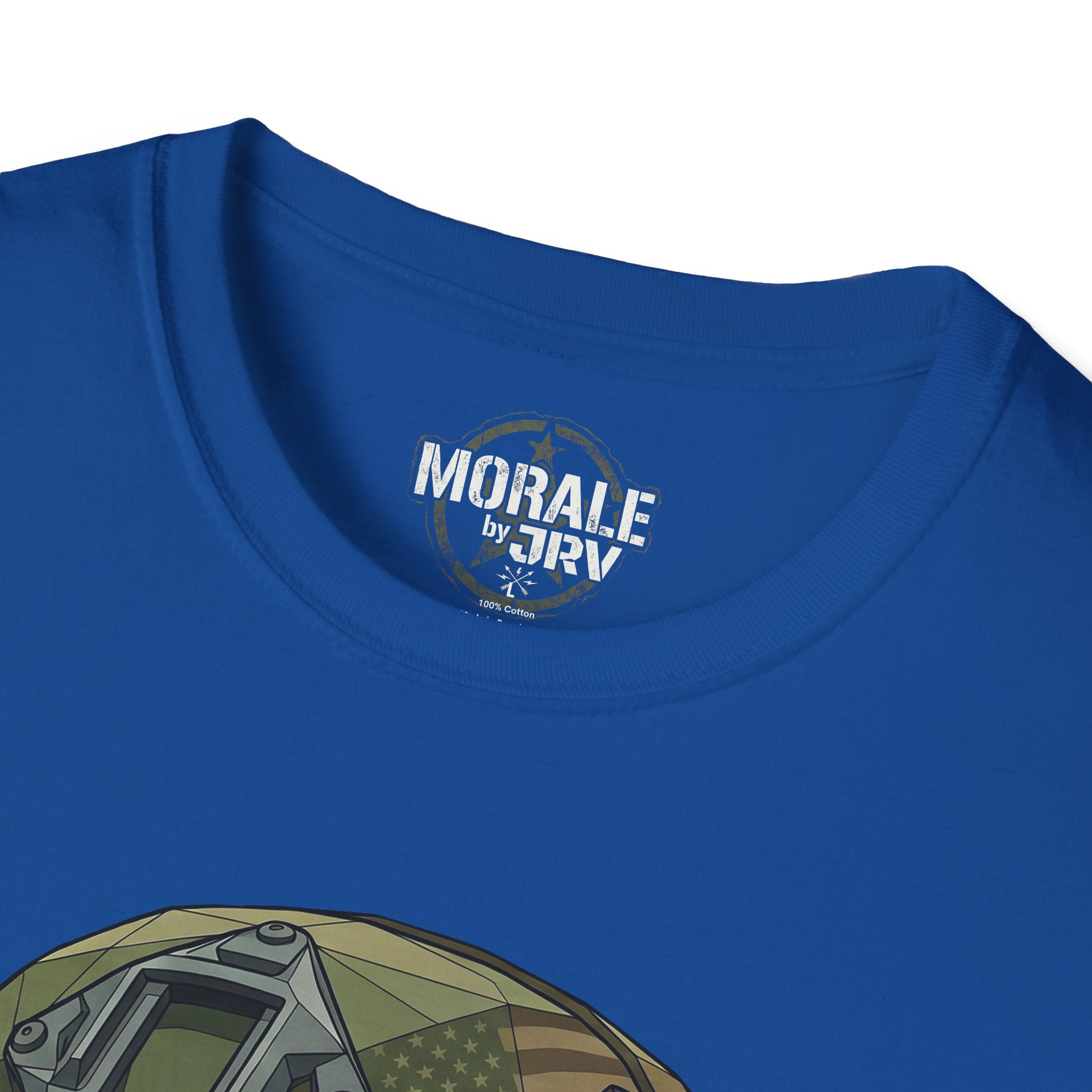Skull in military helmet T-shirt, royal blue—MORALE by TRV neck print and helmet top