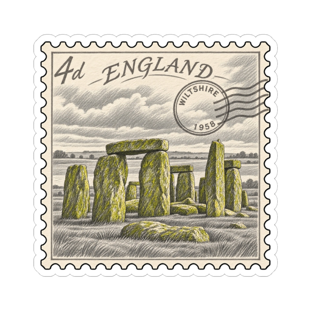 Square stamp-style England sticker with Stonehenge rocks and “ENGLAND” text