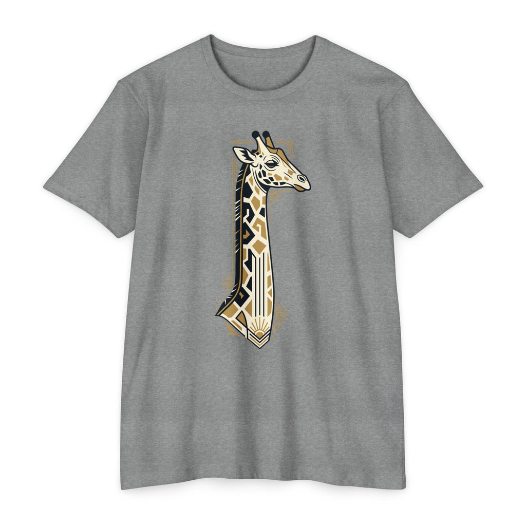 Gray giraffe graphic T-shirt with Art Deco geometric badge print