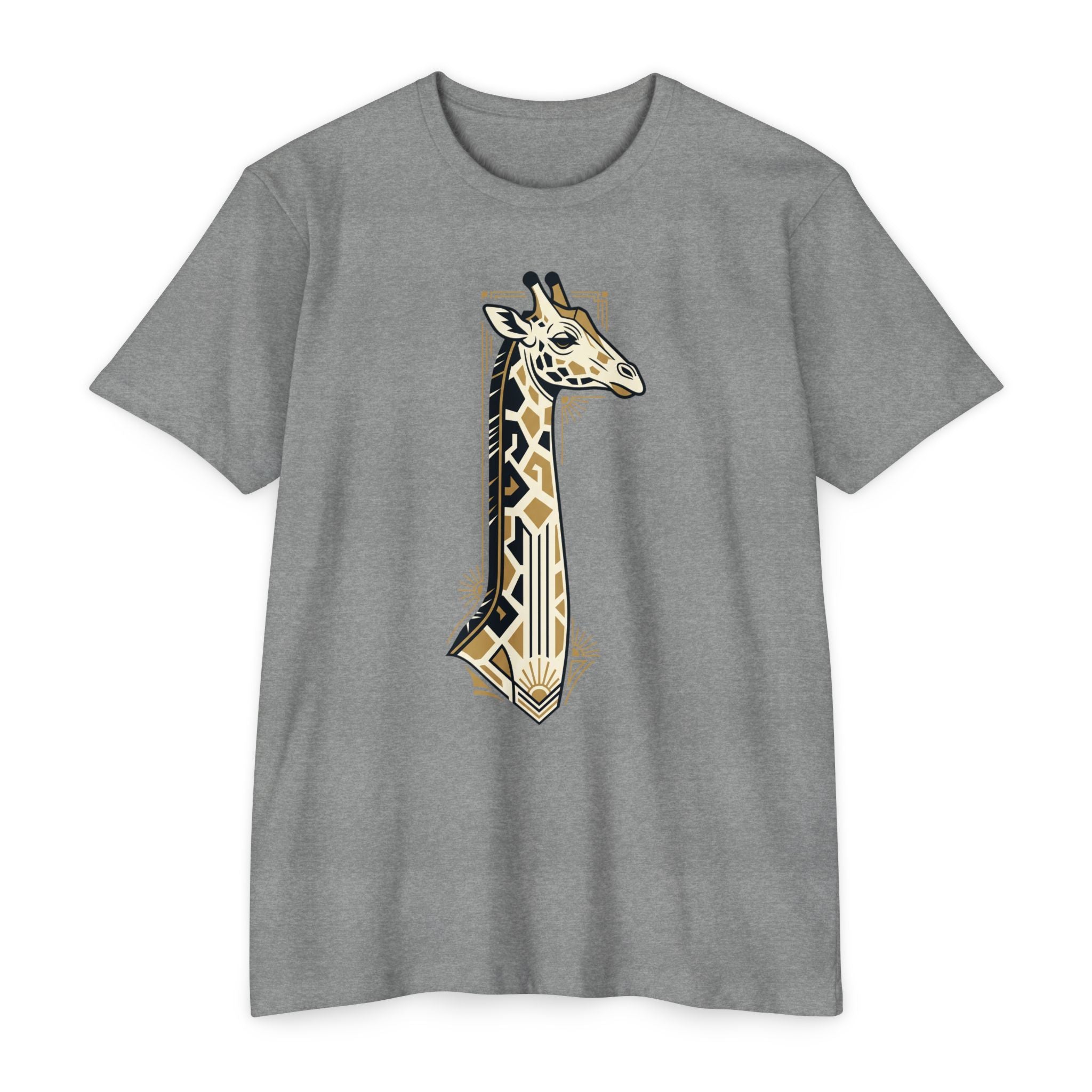 Gray giraffe graphic T-shirt with Art Deco geometric badge print