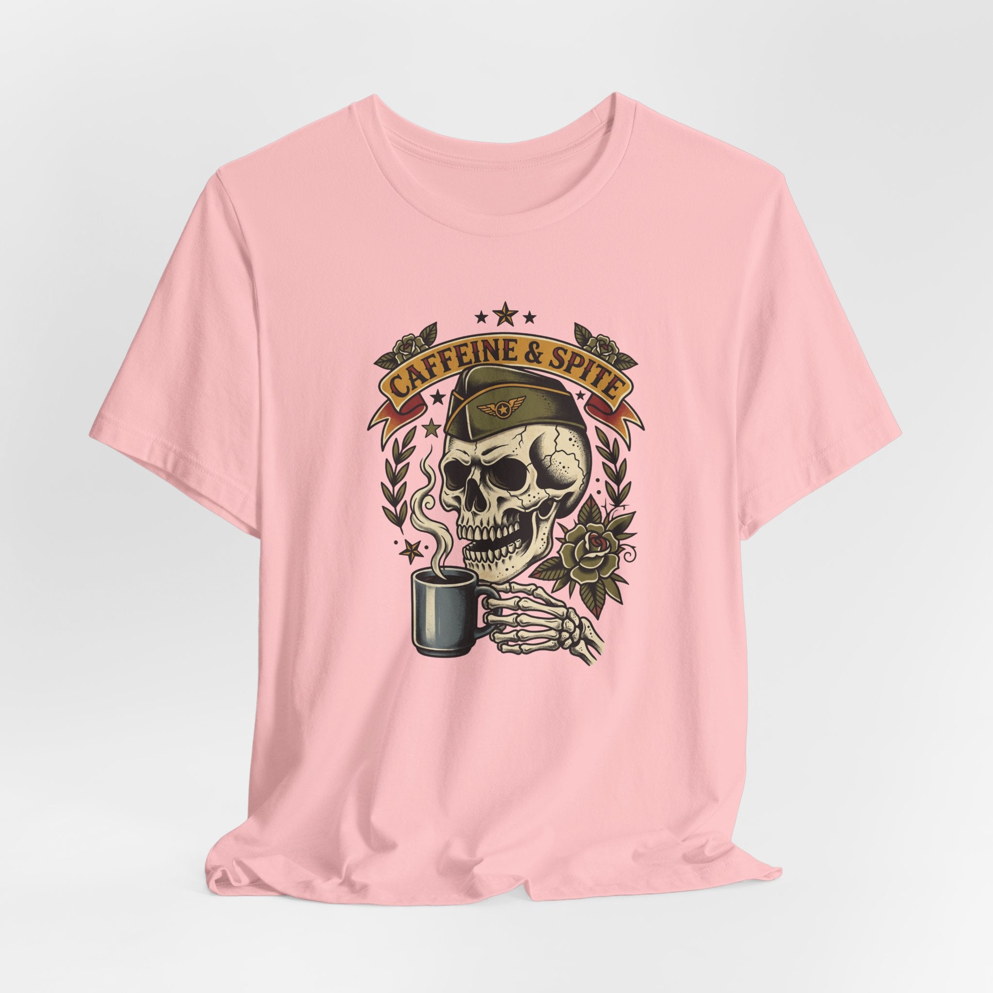 Pink crewneck T-shirt with front skull holding a coffee mug graphic