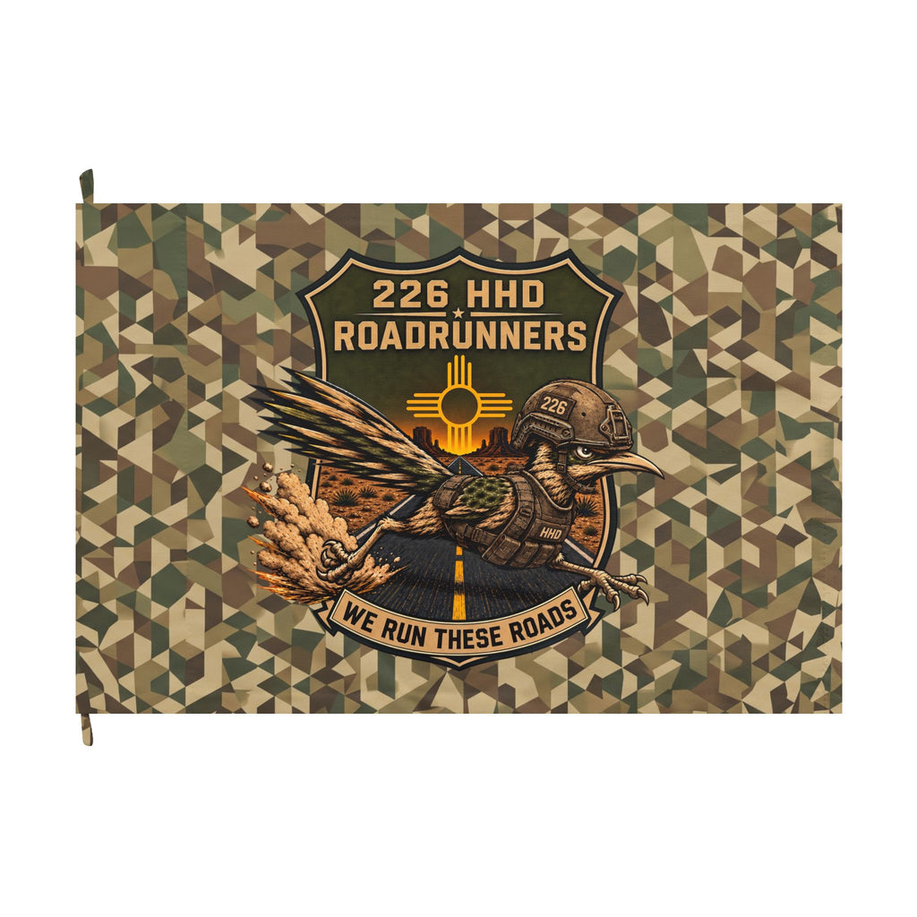 226 HHD Roadrunners Camo Flag – “We Run These Roads” Double-Sided Military Garden Banner