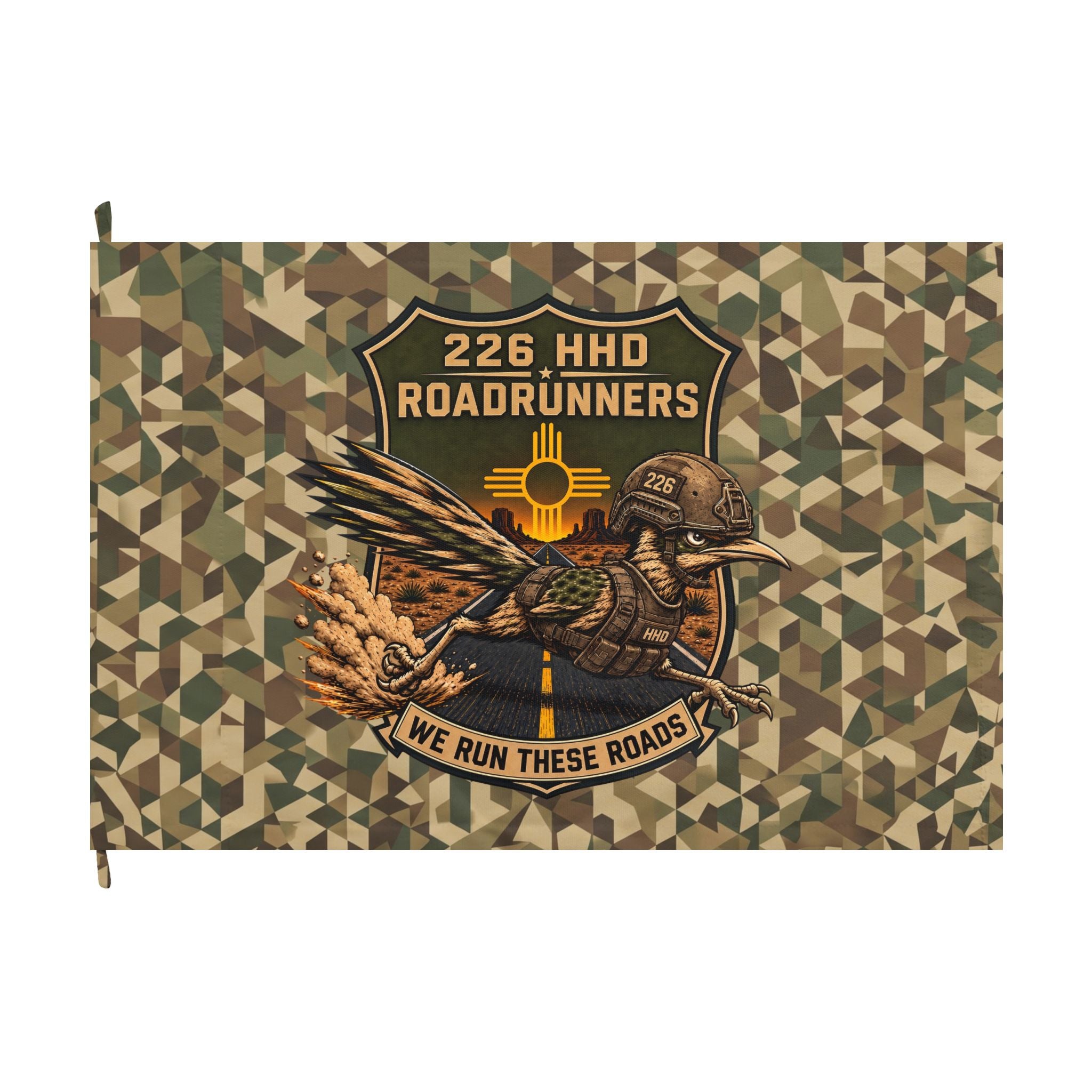 226 HHD Roadrunners Camo Flag – “We Run These Roads” Double-Sided Military Garden Banner