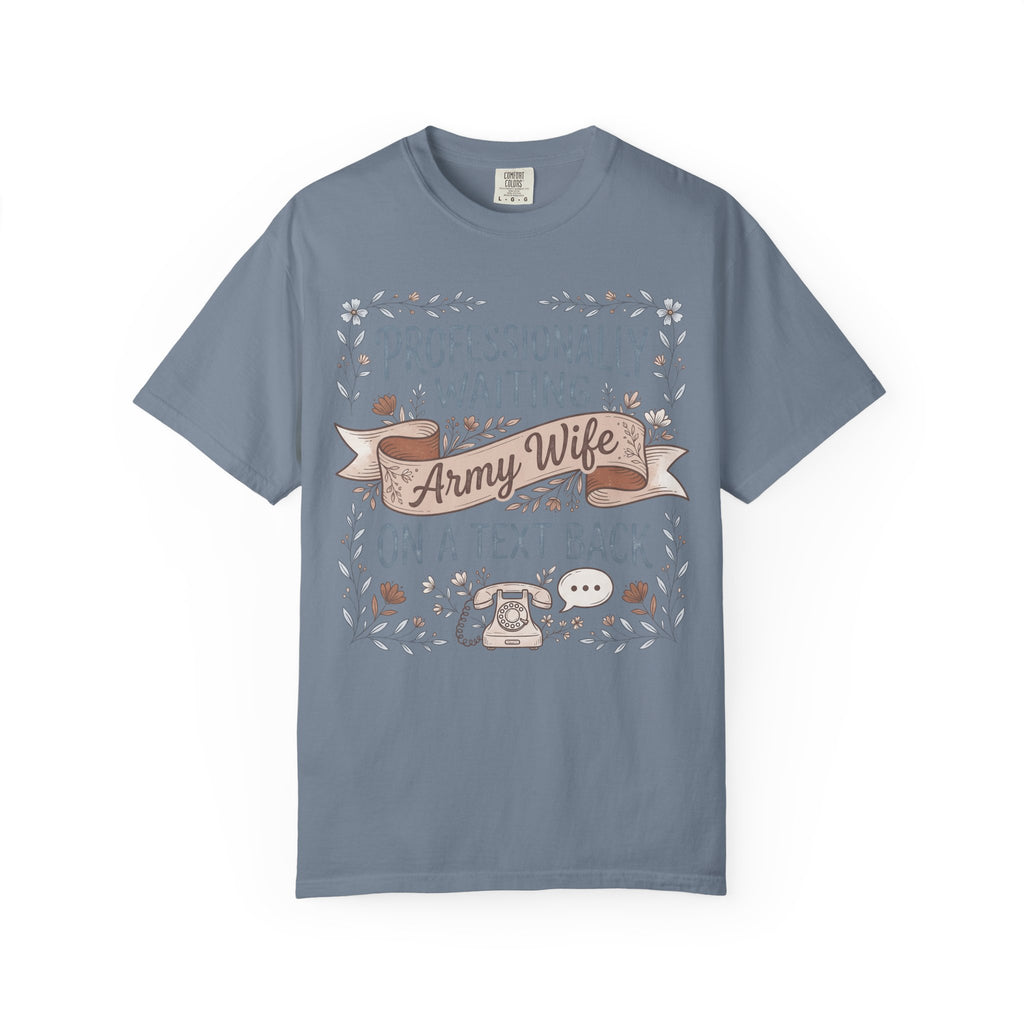 Slate blue crew-neck T-shirt with floral “Professionally waiting” text ribbon graphic