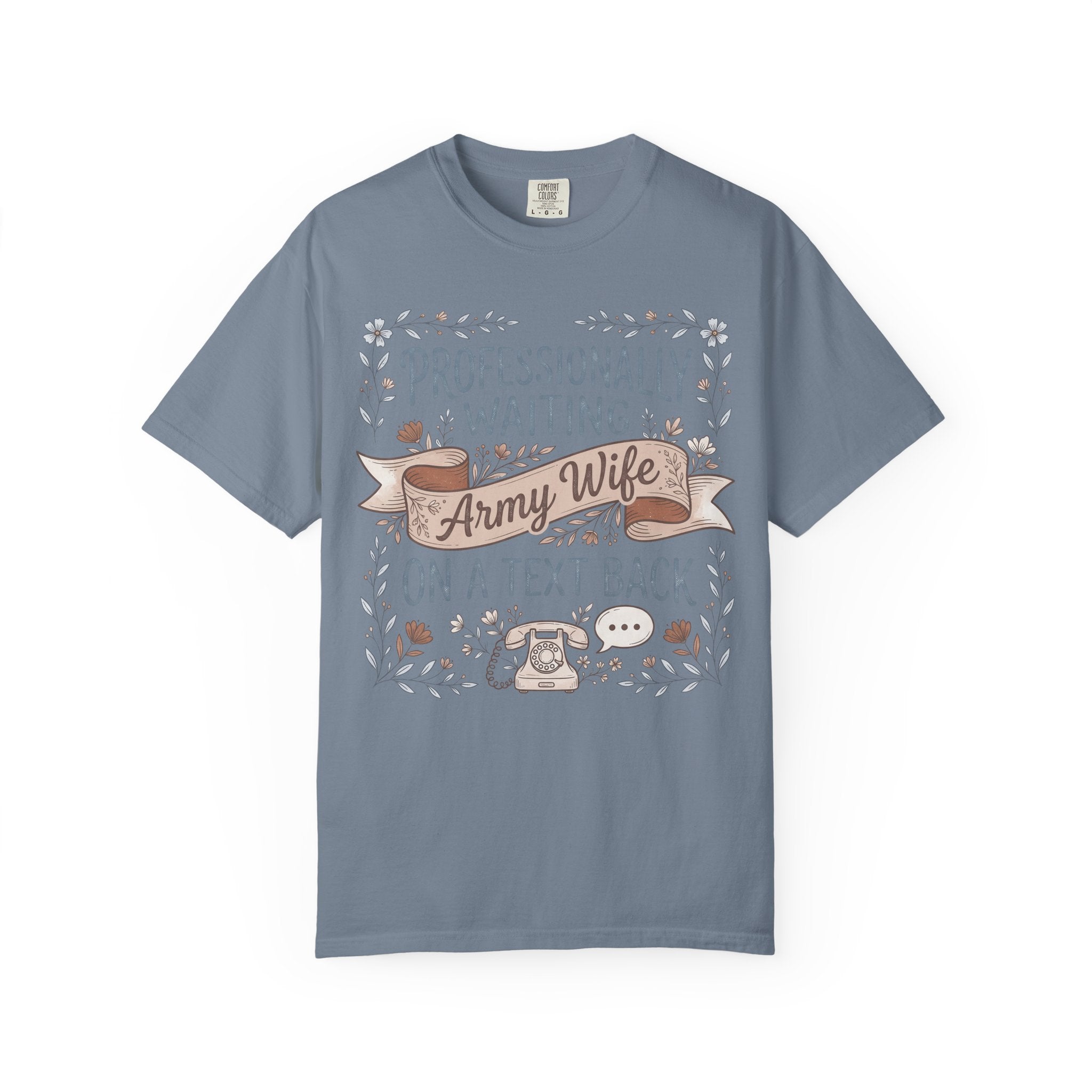 Slate blue crew-neck T-shirt with floral “Professionally waiting” text ribbon graphic