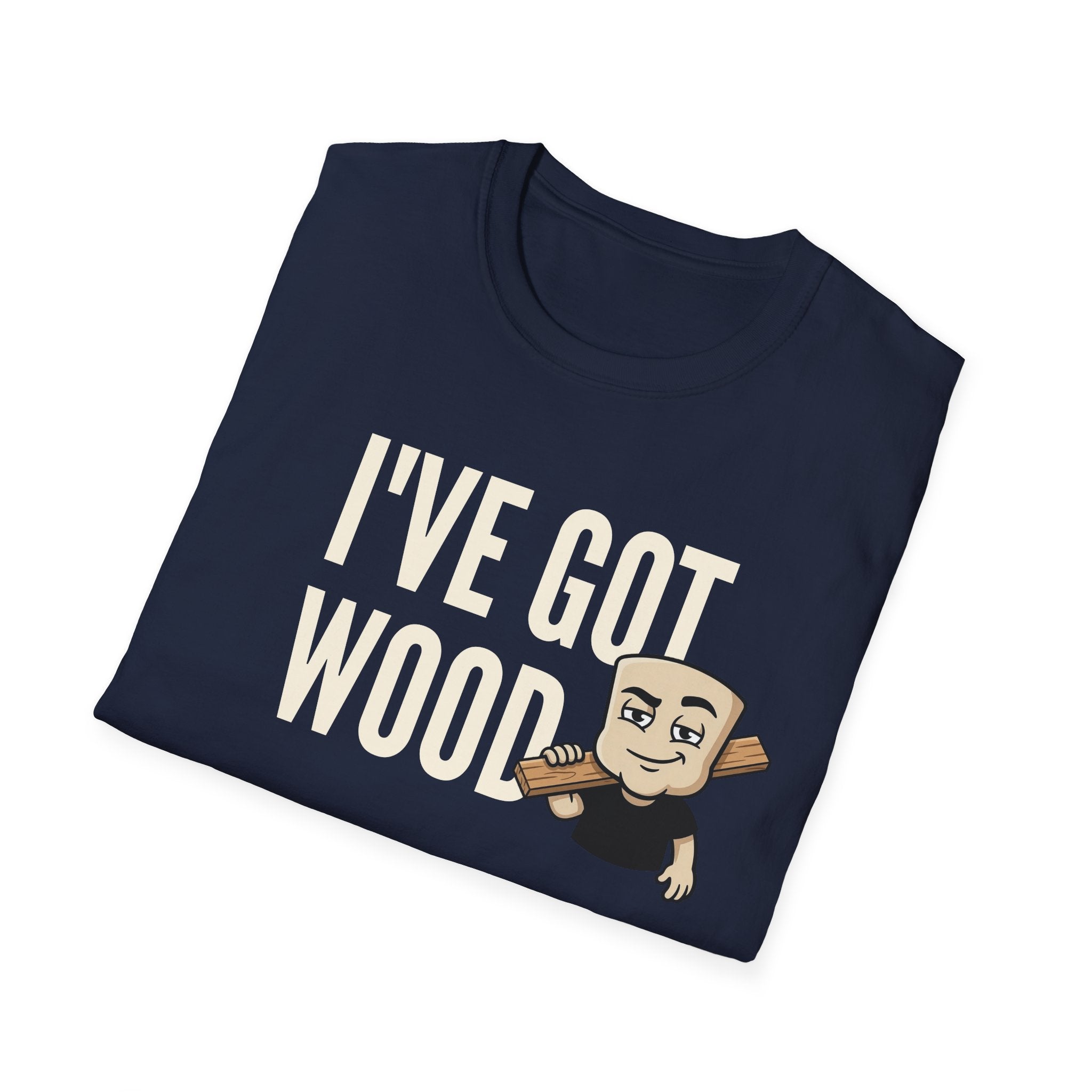 Navy T-shirt with "I've Got Wood" graphic and cartoon woodworker holding a tool.