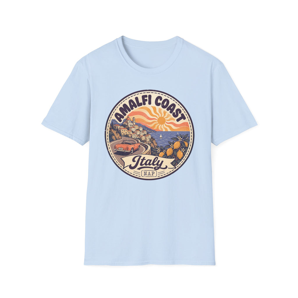 Light blue T-shirt with round Amalfi Coast Italy sunset graphic