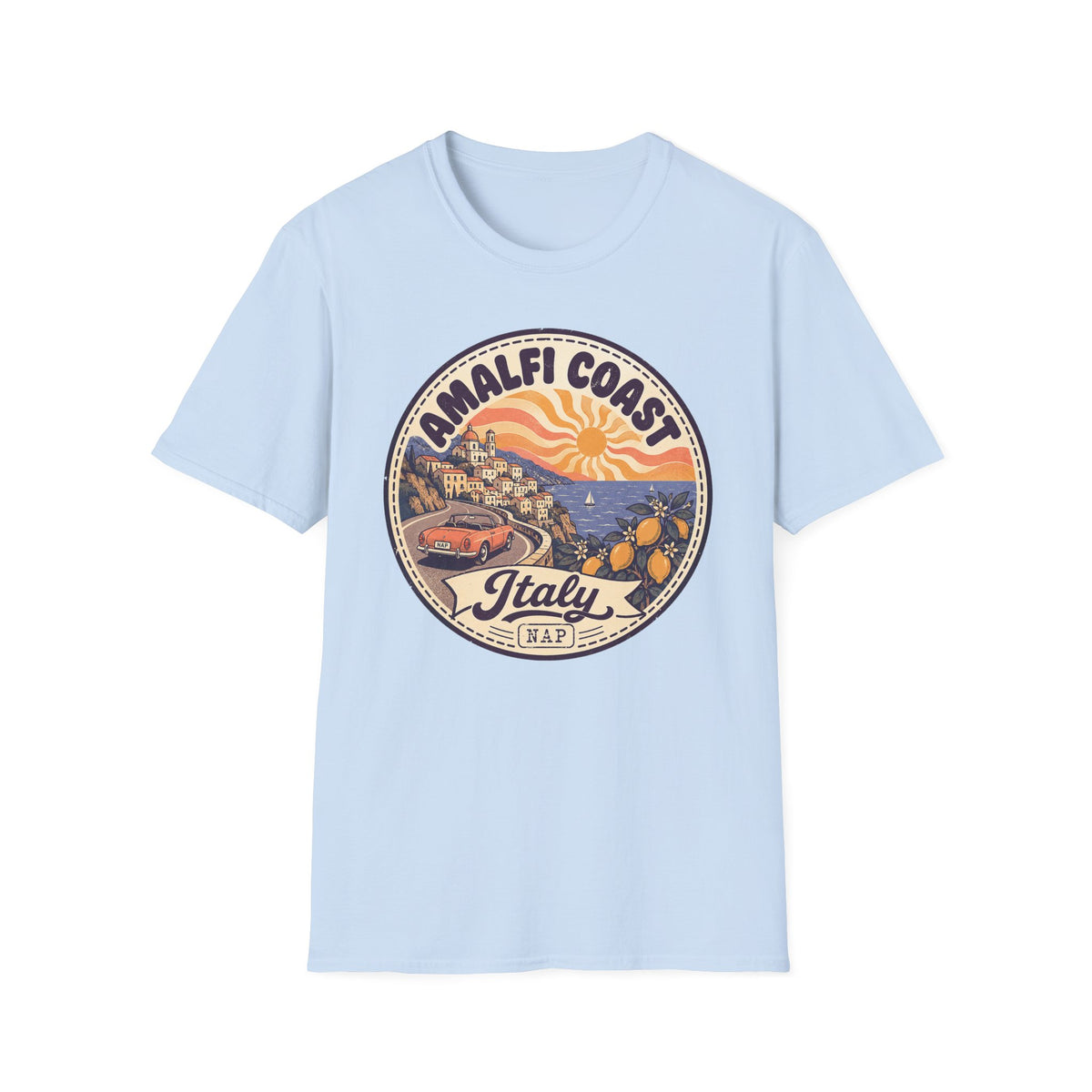 Light blue T-shirt with round Amalfi Coast Italy sunset graphic