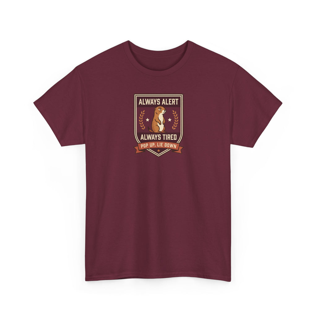 Maroon short-sleeve T-shirt with badge graphic on the chest