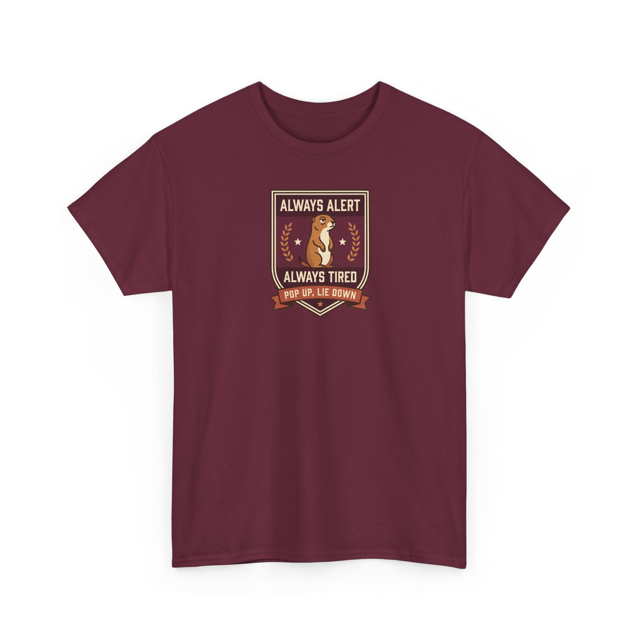 Maroon short-sleeve T-shirt with badge graphic on the chest