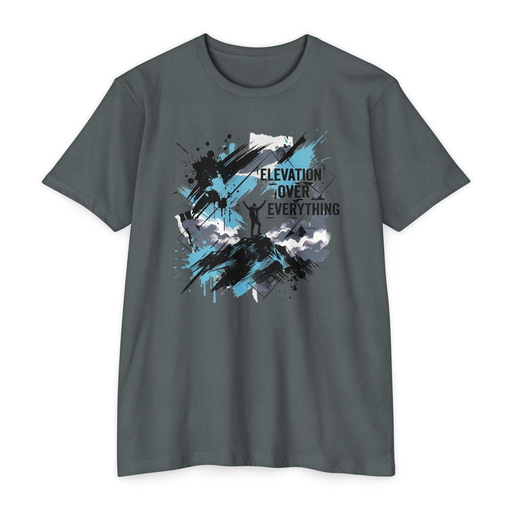 Charcoal-green crewneck T-shirt with blue/black splatter mountain graphic and text "ELEVATION OVER EVERYTHING"