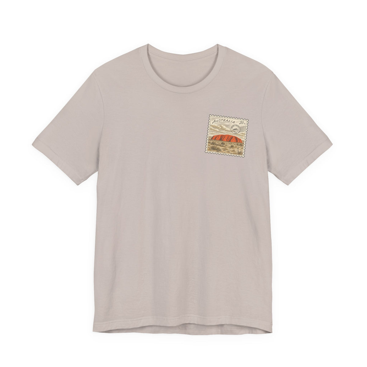 Light beige t-shirt with small vintage postage-stamp style graphic on the chest