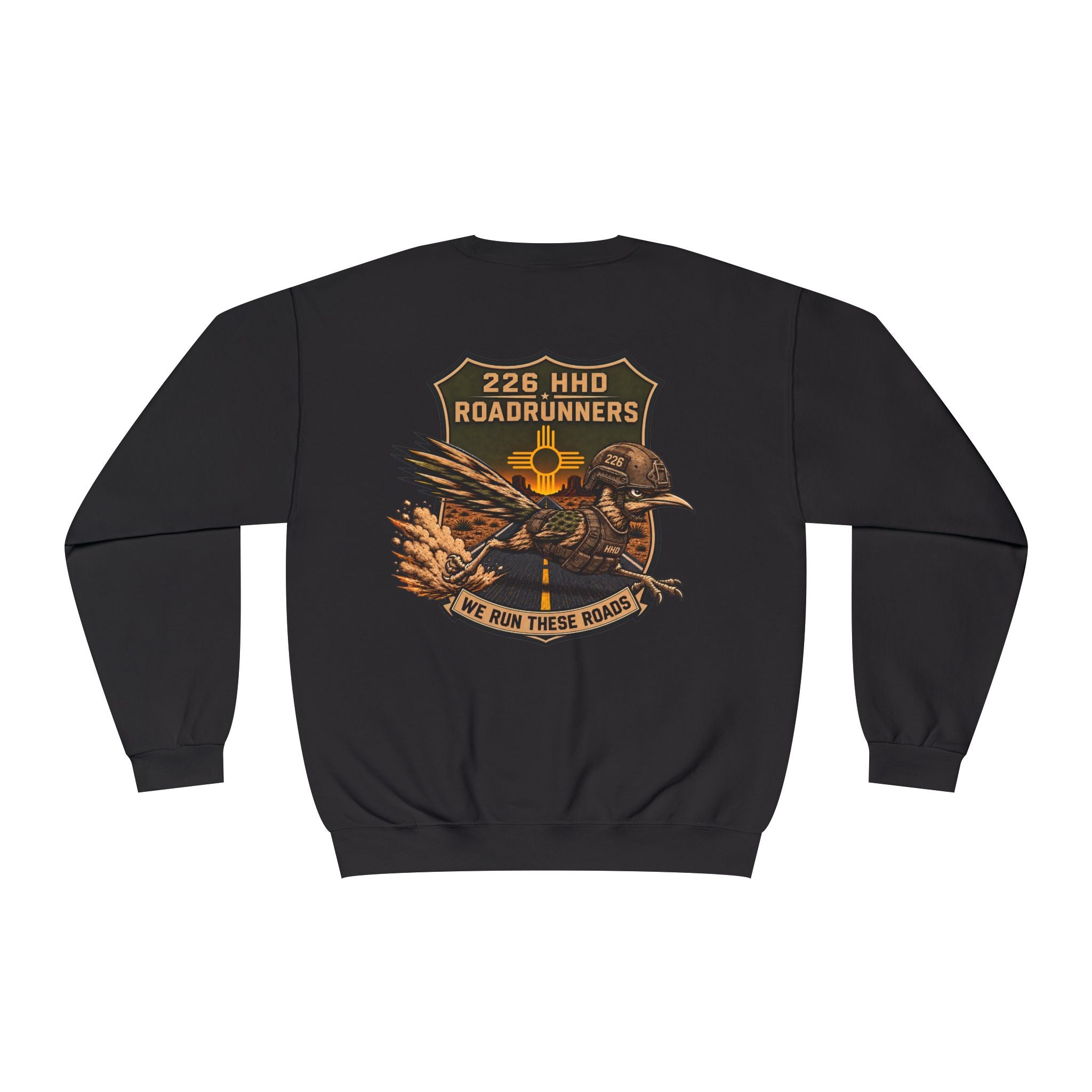 Black crewneck sweatshirt with back graphic patch and mascot