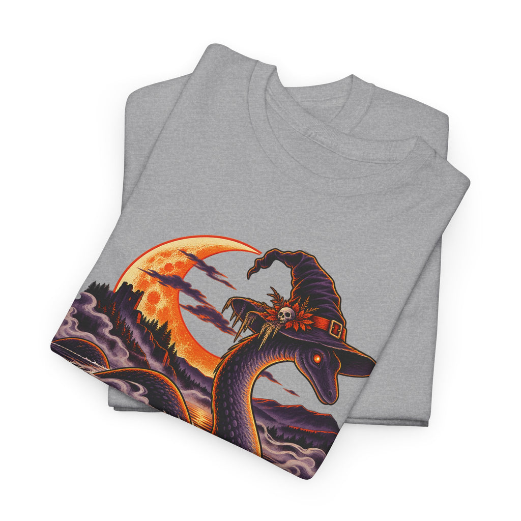Heather gray crewneck t-shirt with colorful cryptid-and-witch graphic on the front.