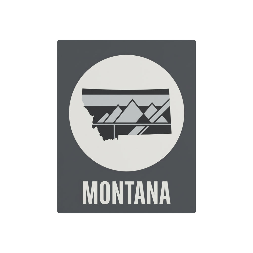Montana state metal art sign in dark gray with circular mountain scene and “MONTANA” label