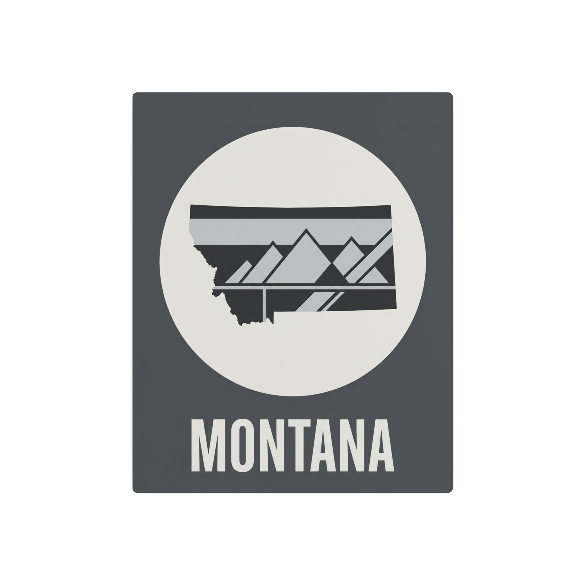 Montana state metal art sign in dark gray with circular mountain scene and “MONTANA” label
