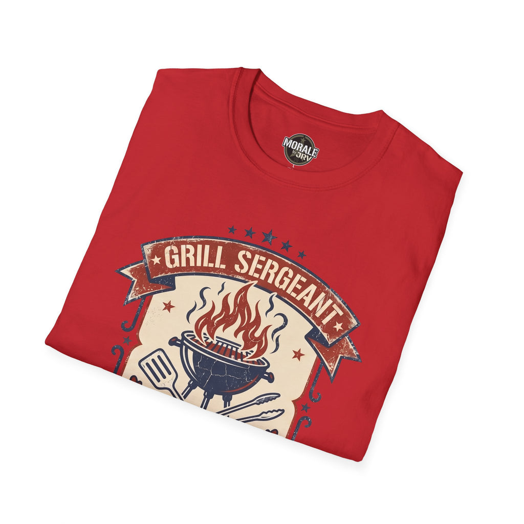 Red T-shirt with “GRILL SERGEANT” vintage grill flames graphic on front