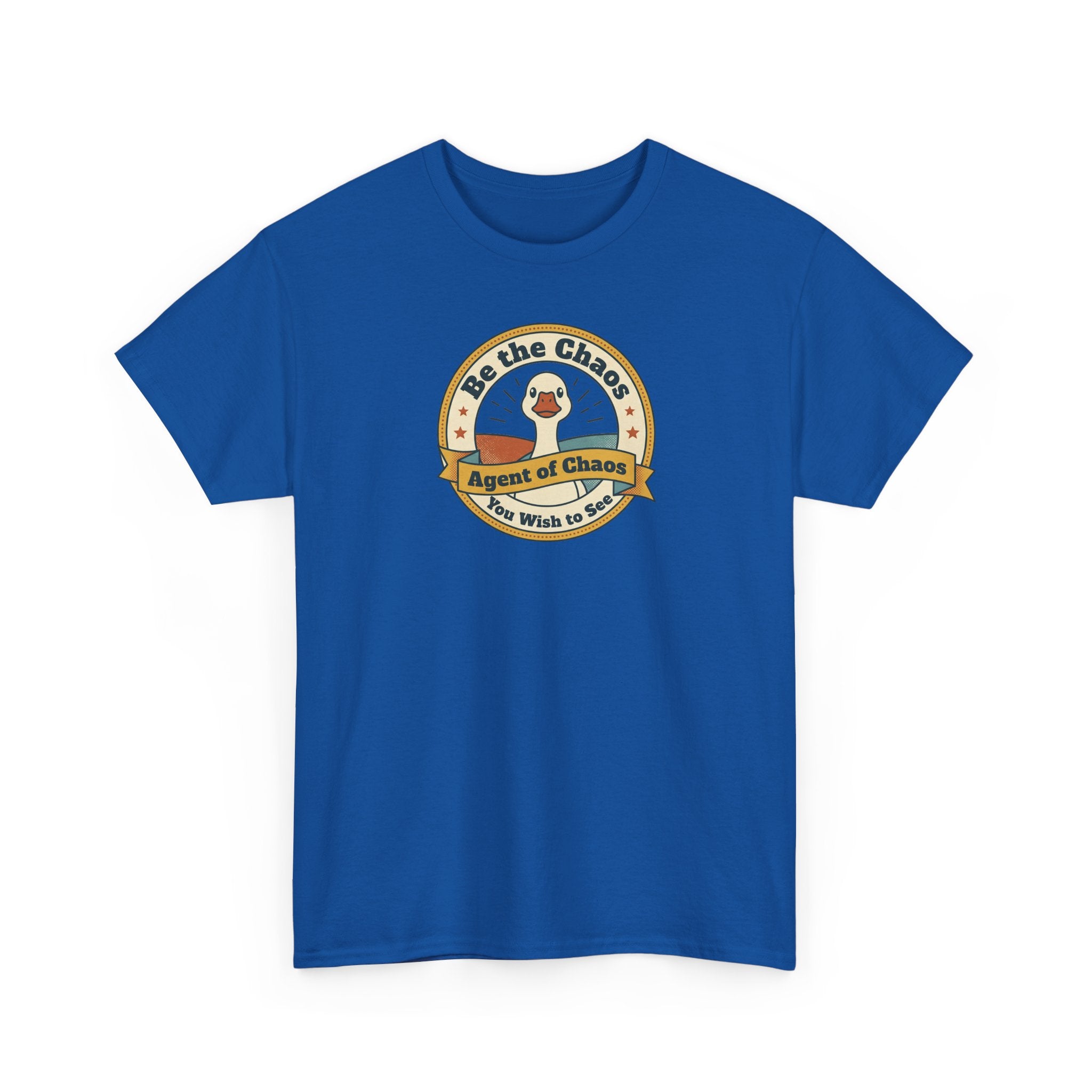 Royal blue t-shirt with round duck emblem graphic on the chest