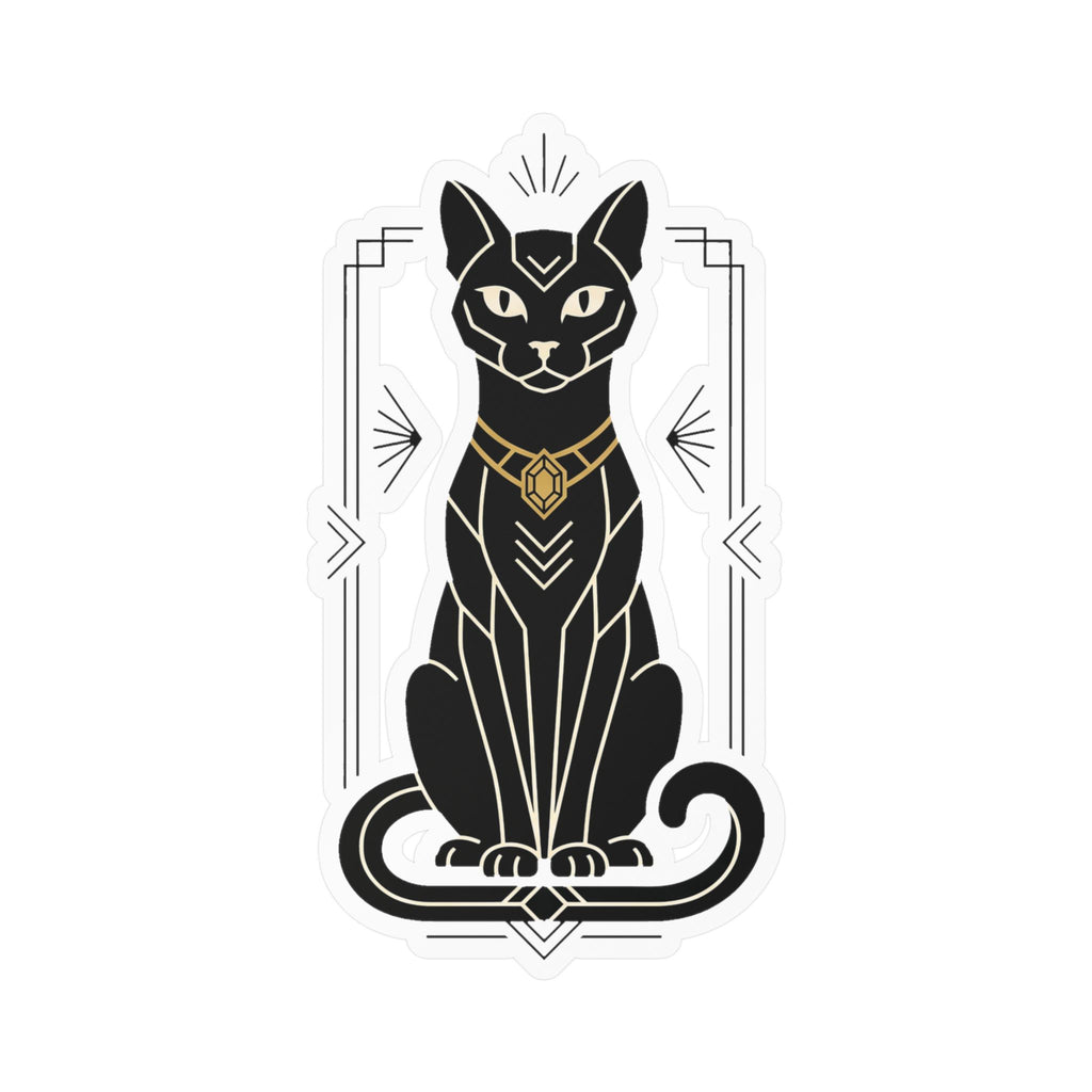 Sitting black cat art deco vinyl sticker, gold collar, fanburst top, white border