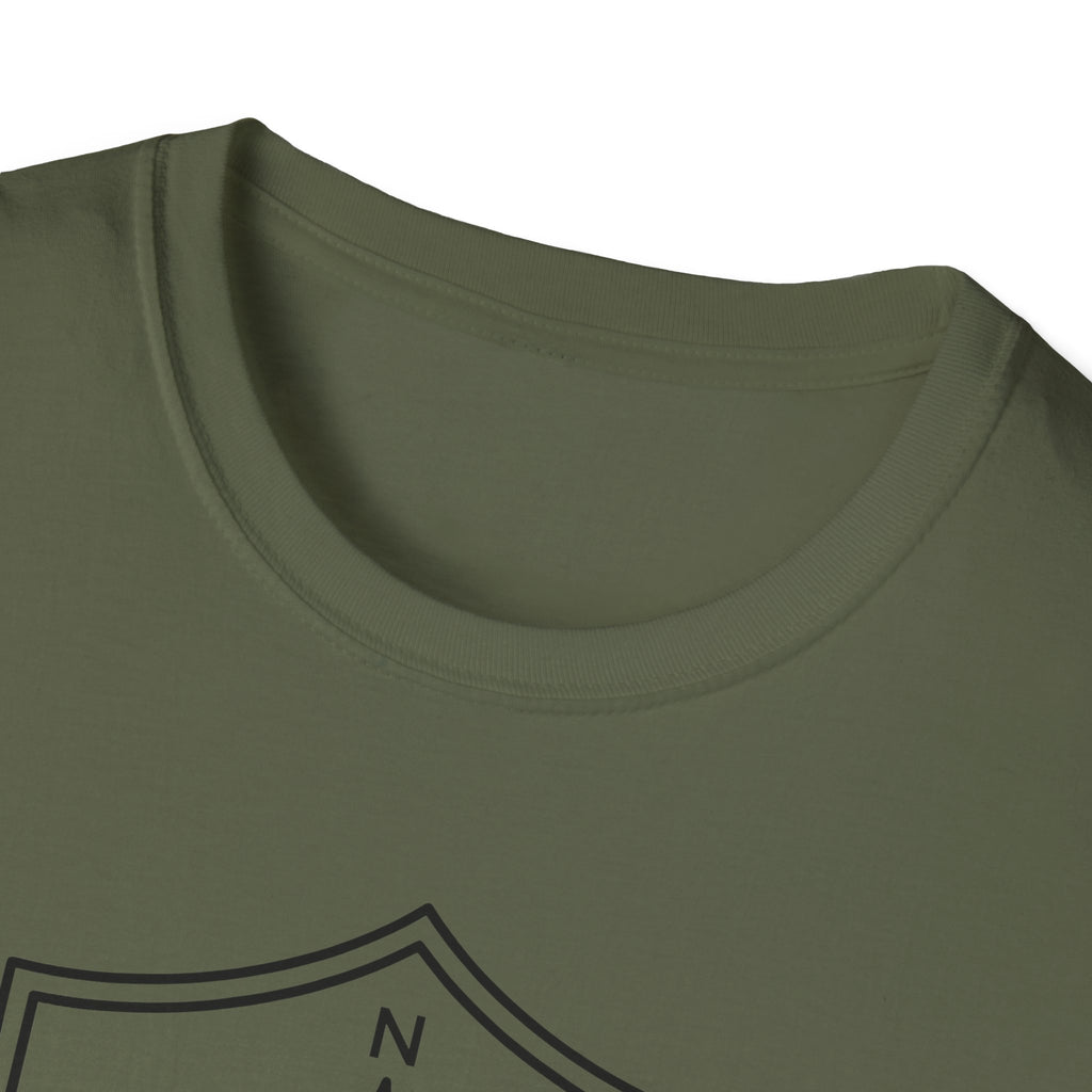 Olive green T-shirt crew neck collar, plain front with compass shield design