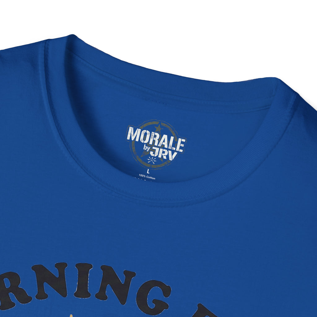 Royal blue t-shirt with small chest logo and crew-neck collar