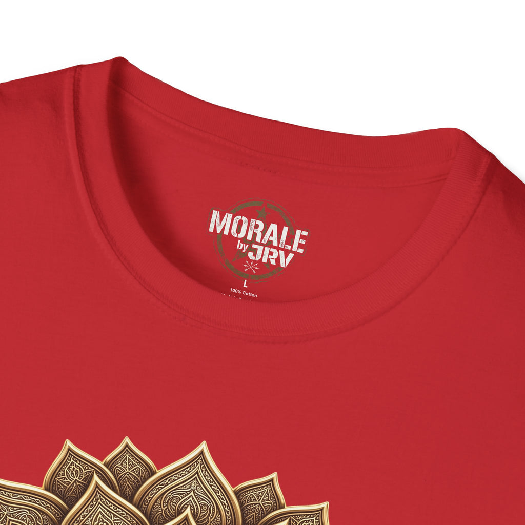 Red T-shirt neckline with small chest logo and partial gold mandala artwork